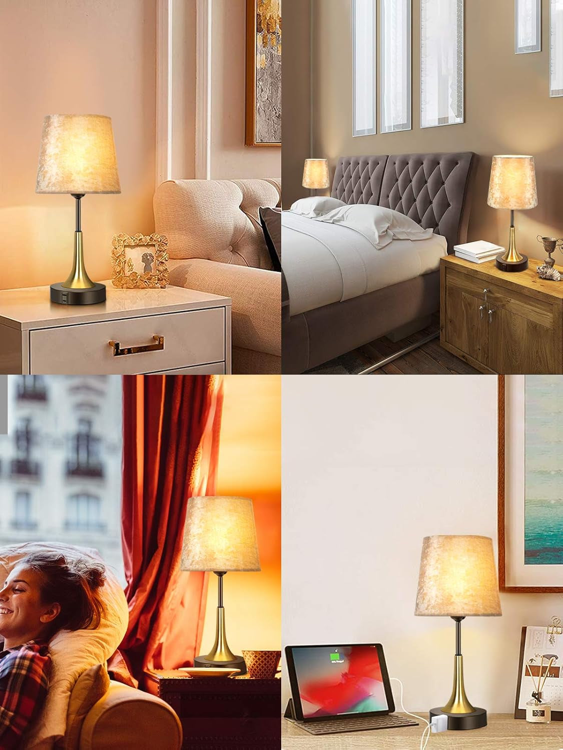 Bedside Lamp with USB Port Table Lamps Touch Control Velvet Shade Nightstand Lamps for Bedrooms, Table Lamp for Bedroom Living Room Office (Gold-01)