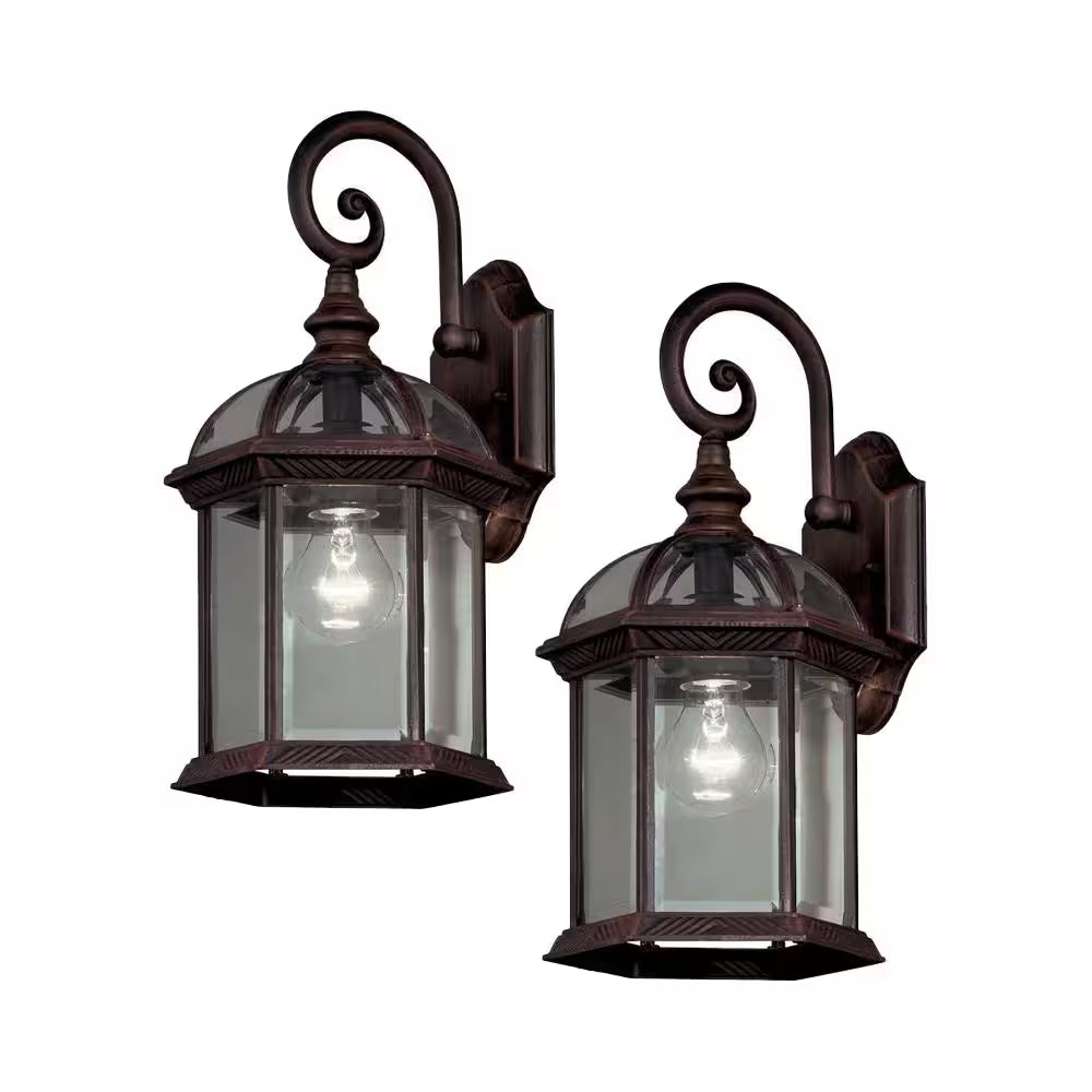 Wickford 15.4 In. 1-Light Weathered Bronze Hardwired Outdoor Wall Light Lantern Porch Sconce with Clear Glass (2-Pack)