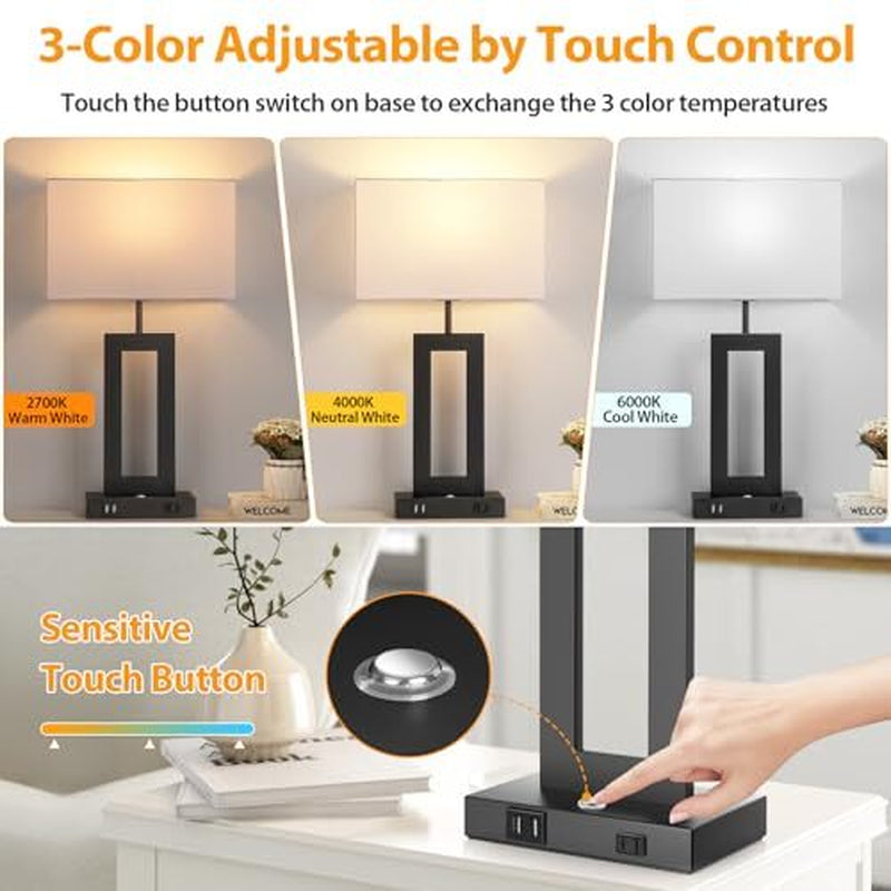 3 Color Temperatures Table Lamps for Bedrooms Set of 2, 22’’ Touch Large Black