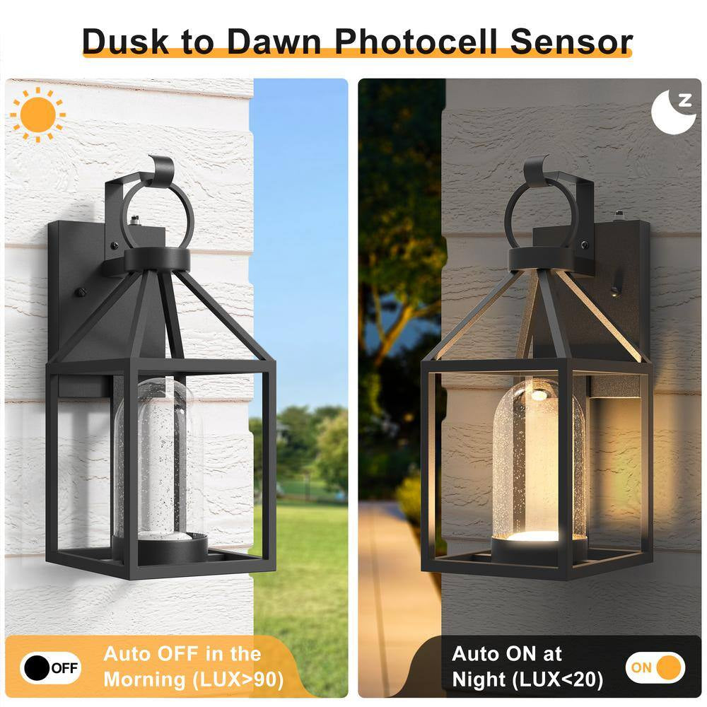 Hawaii Black Modern Dusk to Dawn Outdoor Integrated LED Hardwired Lantern Sconce with Clear Shade