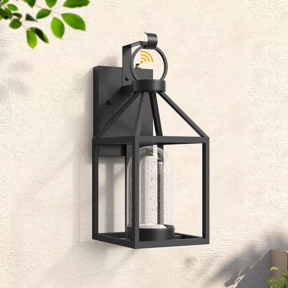 Hawaii Black Modern Dusk to Dawn Outdoor Integrated LED Hardwired Lantern Sconce with Clear Shade