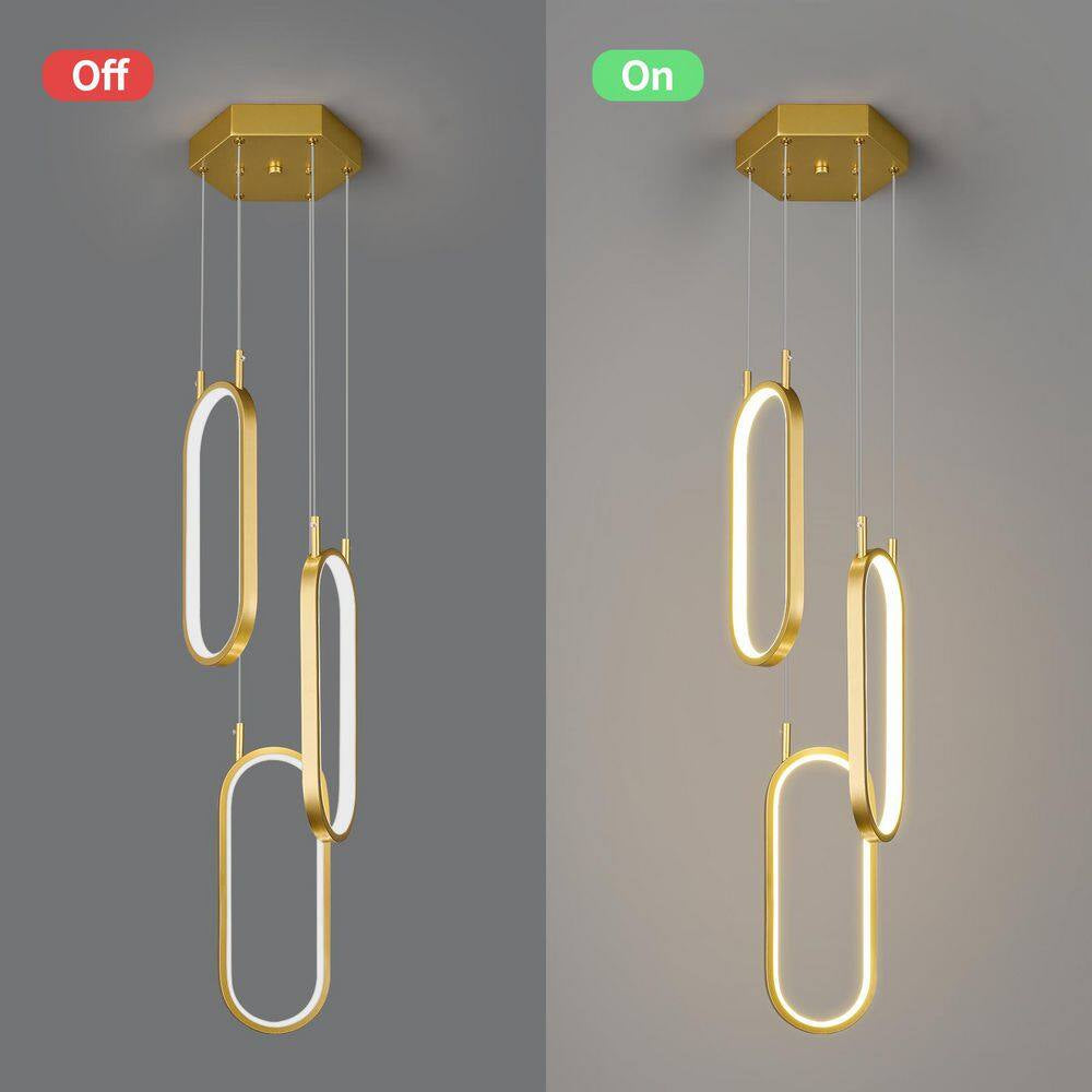 Home Lighting 3-Light 3C-Gold Dimmable LED Pendant Light Ring Oval Chandelier for Living Room