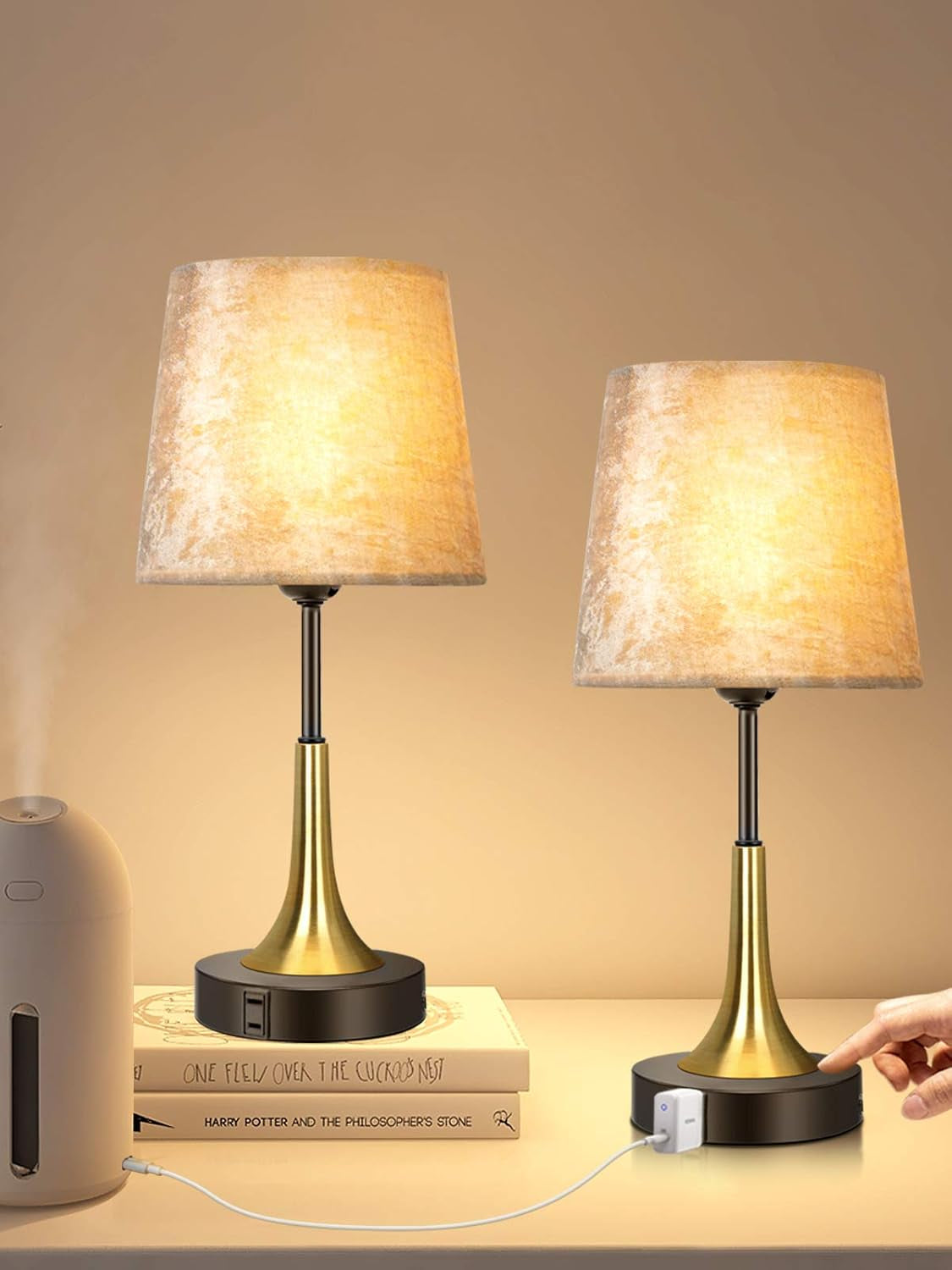 Bedside Lamp with USB Port Table Lamps Touch Control Velvet Shade Nightstand Lamps for Bedrooms, Table Lamp for Bedroom Living Room Office (Gold-01)