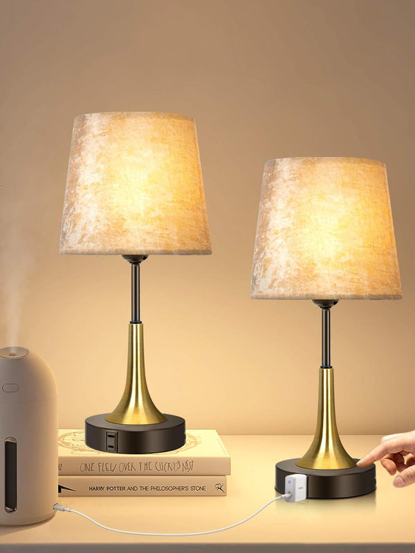 Bedside Lamp with USB Port Table Lamps Touch Control Velvet Shade Nightstand Lamps for Bedrooms, Table Lamp for Bedroom Living Room Office (Gold-01)