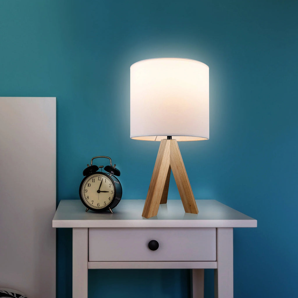 Tripod Oak Table Lamp with Classic White Fabric Shade, 16.75"H, One Size