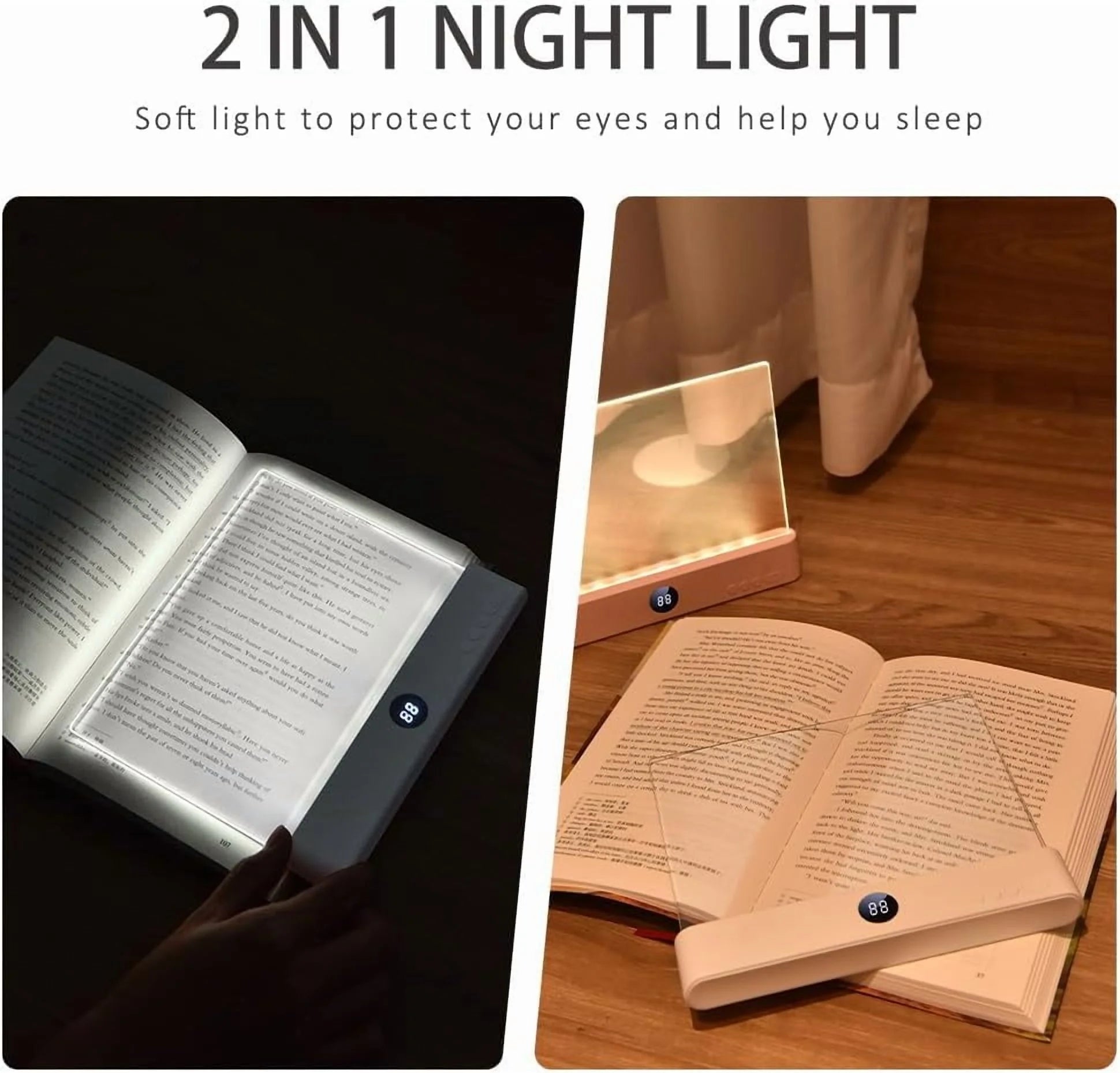 Flat Book Light - Rechargeable LED Reading Flat Clip on Night Light with 3 Colors & Timer, Portable Dimmable Full Page Panel Light for Reading in Bed at Night