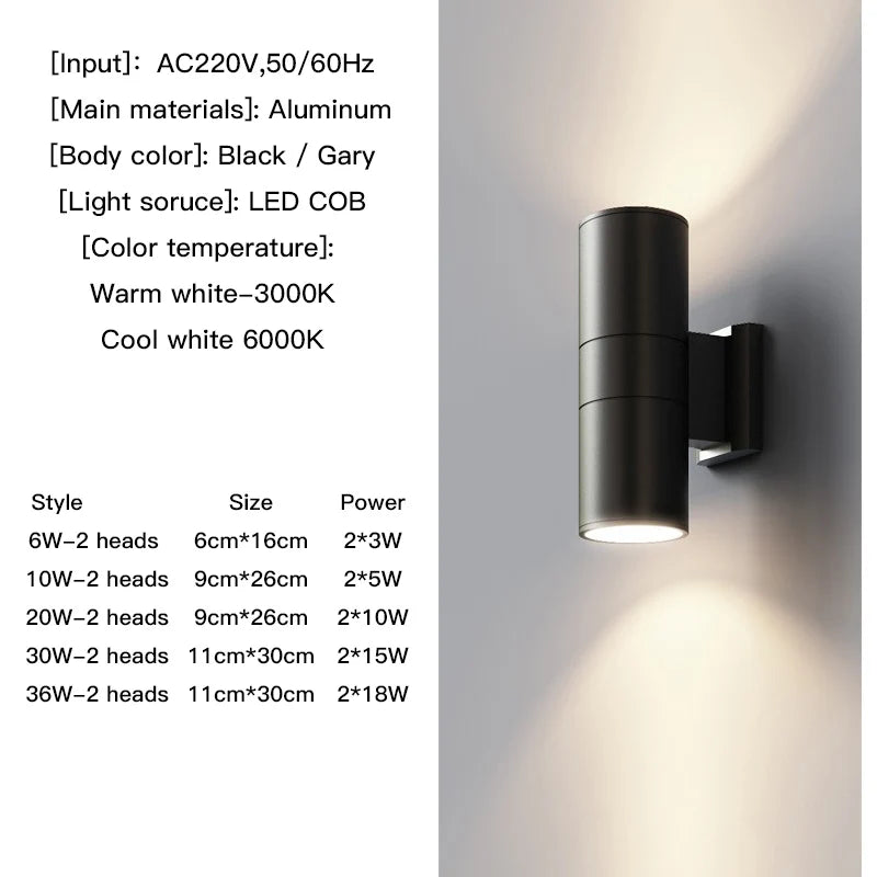 Black Gray up down Outdoor Wall Light 6W 10W 20W 30W 36W Porch Garden Waterproof Home Lighting Outdoor