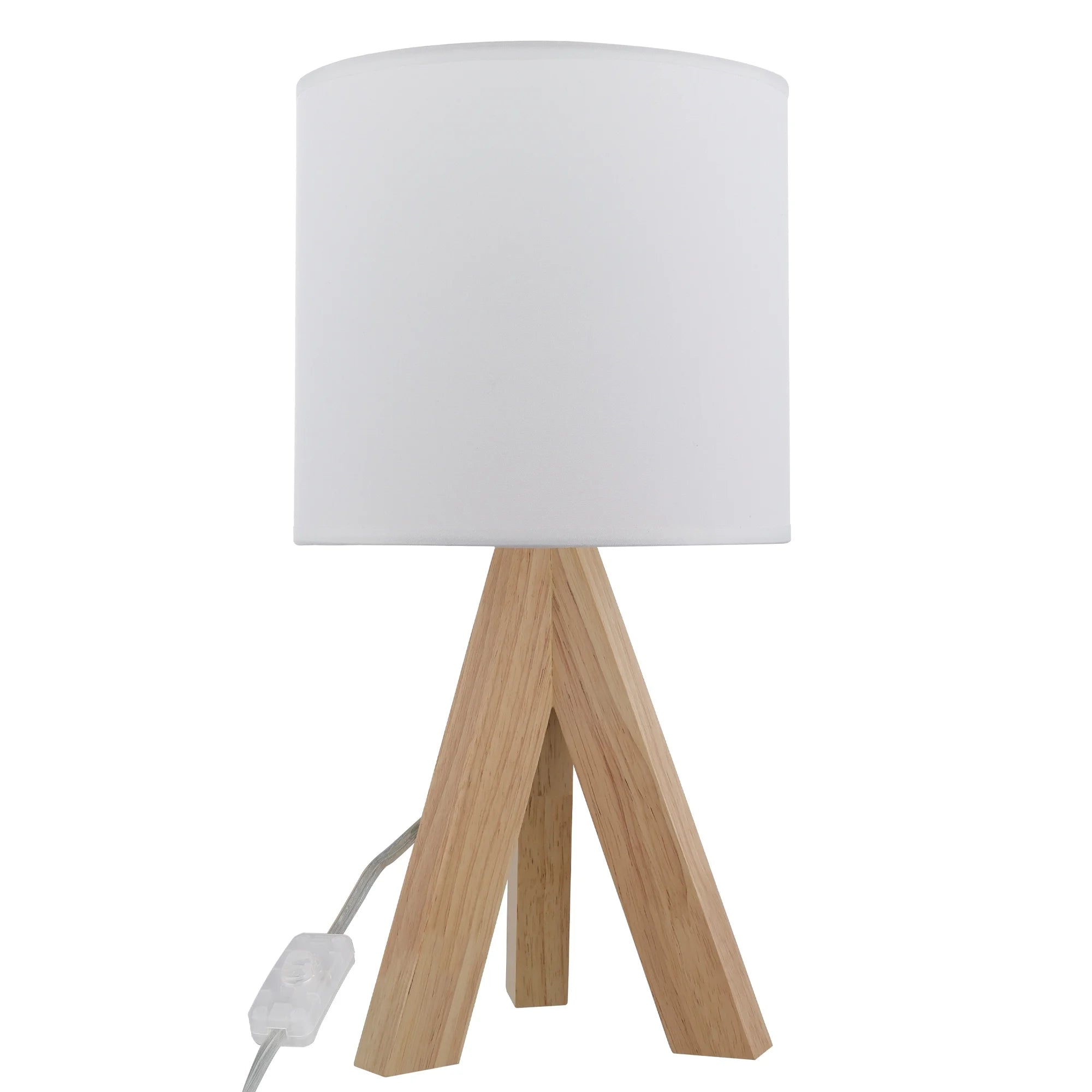 Tripod Oak Table Lamp with Classic White Fabric Shade, 16.75"H, One Size