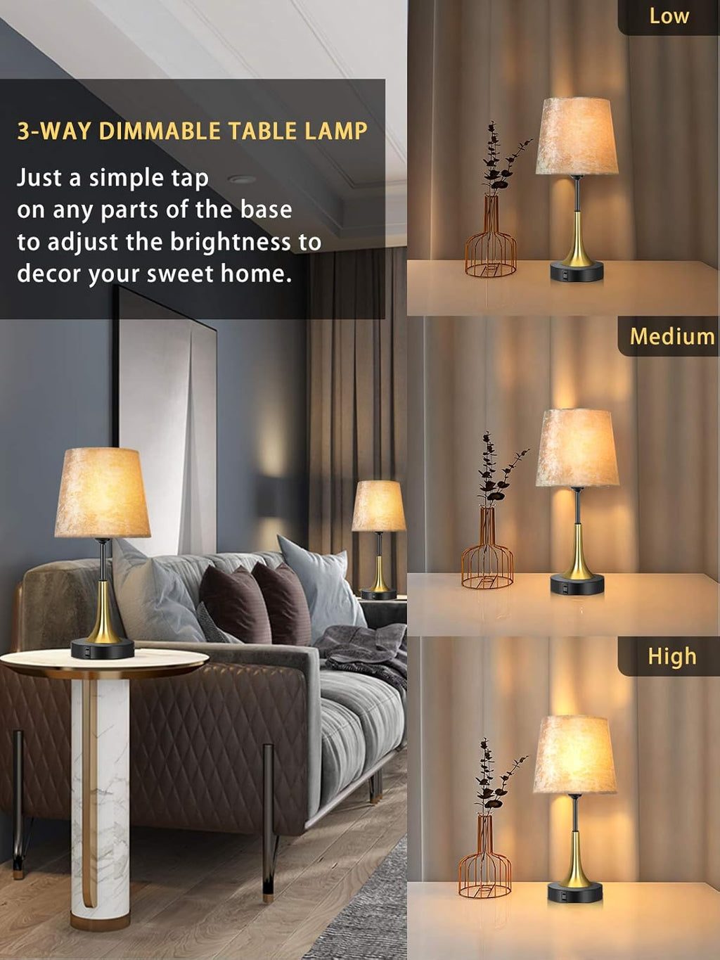Bedside Lamp with USB Port Table Lamps Touch Control Velvet Shade Nightstand Lamps for Bedrooms, Table Lamp for Bedroom Living Room Office (Gold-01)