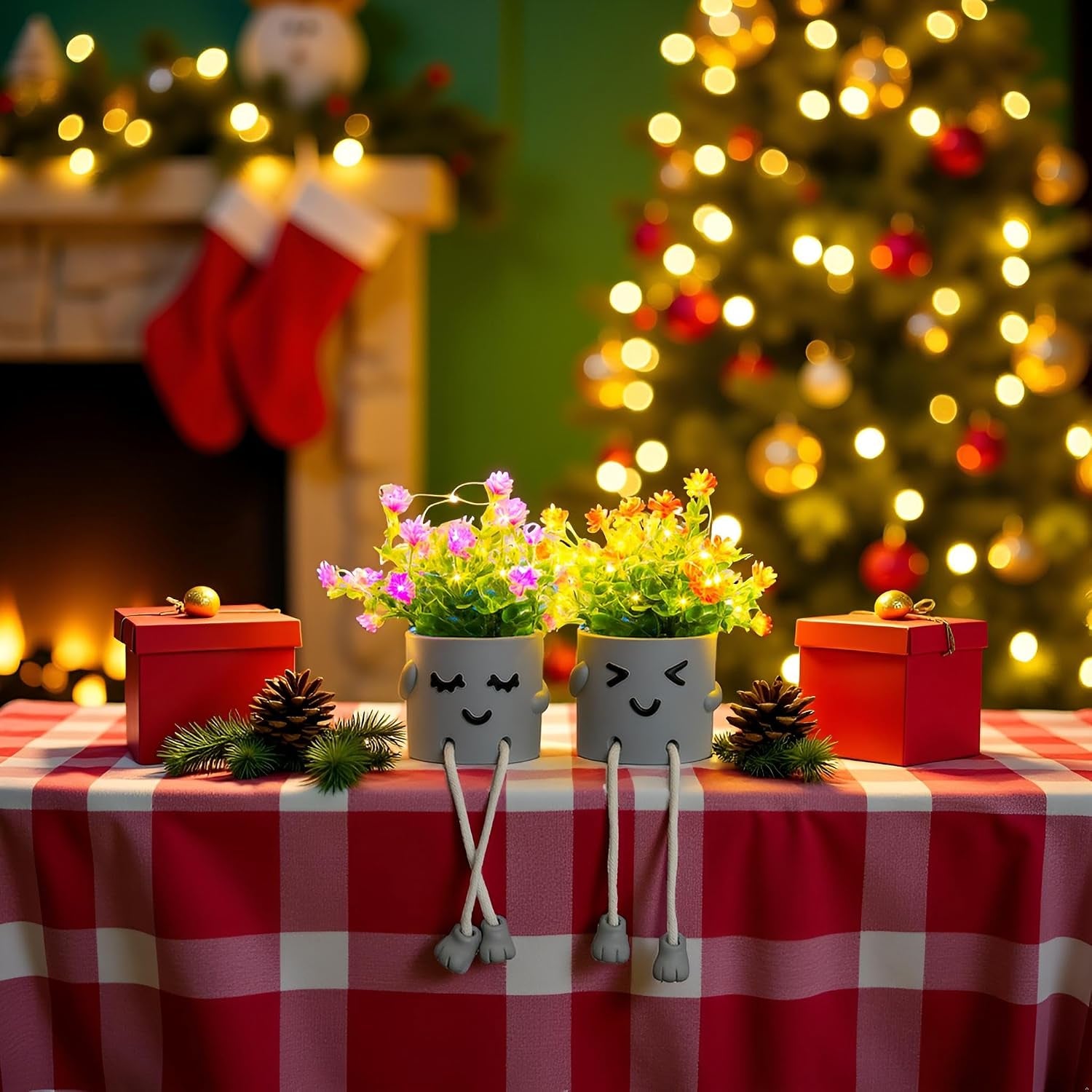 Cute Fake Plants, Flower Pots with String Lights, Fake Plants Artificial for Desk Décor, Office Decor for Women, Shelf Decor for Gift, Bathroom Small Plants Decoration, Mini Plants Window Sill Decor