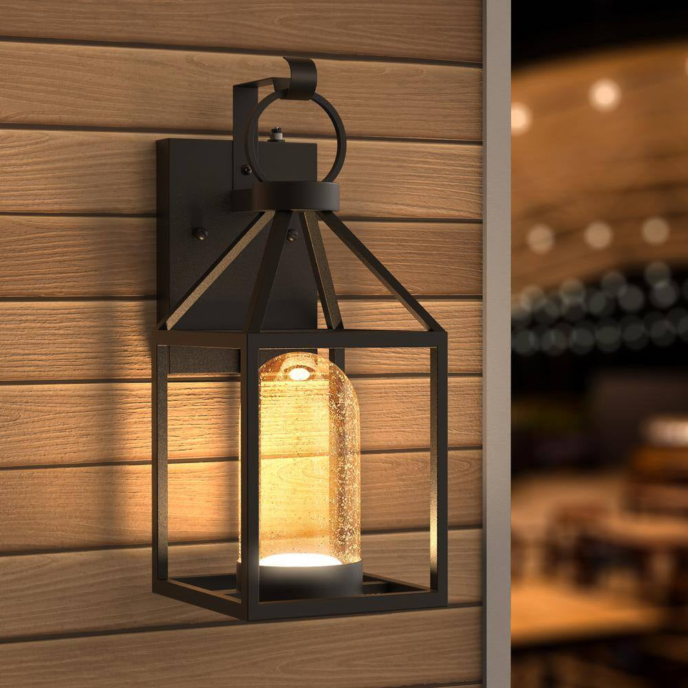 Hawaii Black Modern Dusk to Dawn Outdoor Integrated LED Hardwired Lantern Sconce with Clear Shade