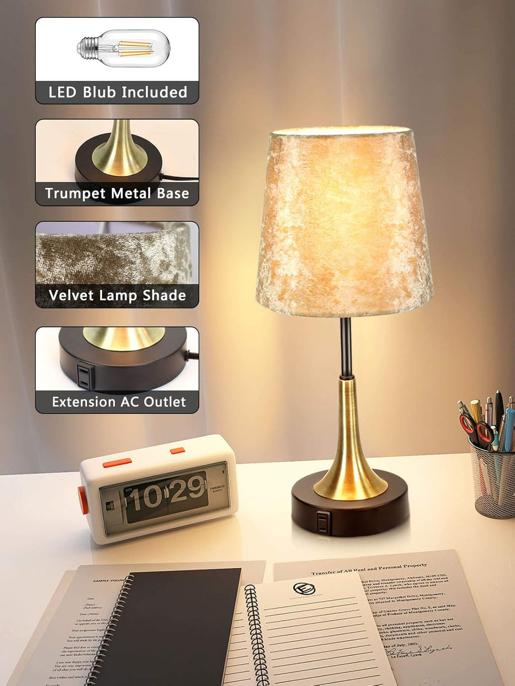 Bedside Lamp with USB Port Table Lamps Touch Control Velvet Shade Nightstand Lamps for Bedrooms, Table Lamp for Bedroom Living Room Office (Gold-01)