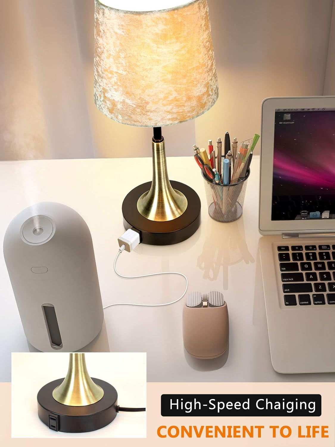Bedside Lamp with USB Port Table Lamps Touch Control Velvet Shade Nightstand Lamps for Bedrooms, Table Lamp for Bedroom Living Room Office (Gold-01)
