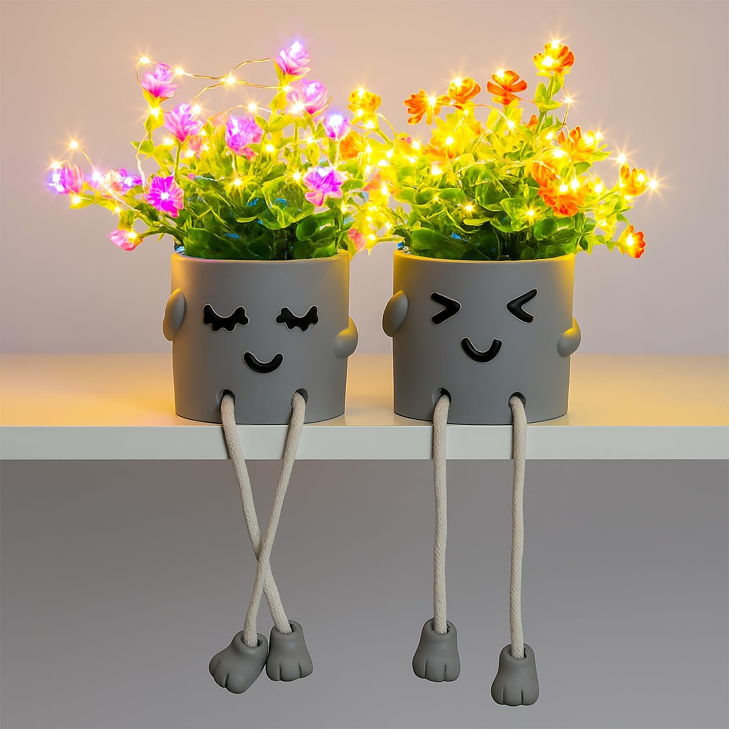 Cute Fake Plants, Flower Pots with String Lights, Fake Plants Artificial for Desk Décor, Office Decor for Women, Shelf Decor for Gift, Bathroom Small Plants Decoration, Mini Plants Window Sill Decor