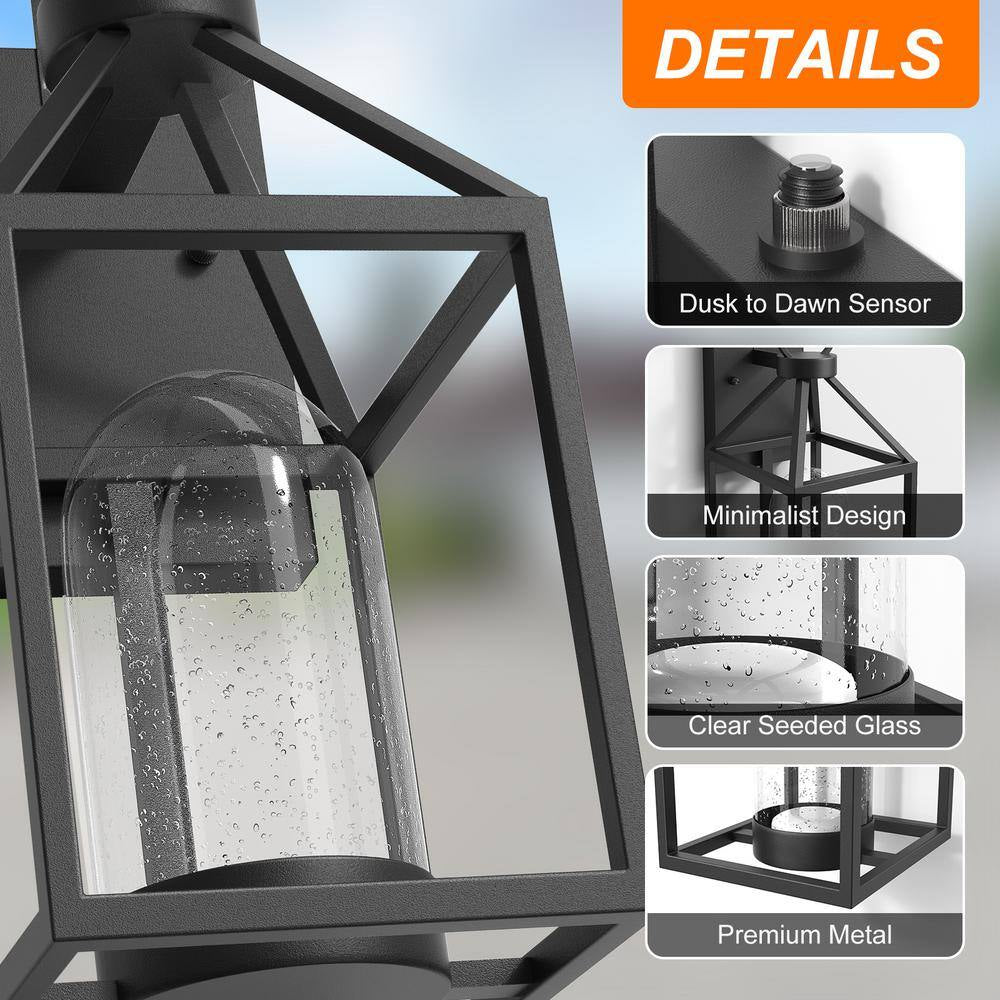 Hawaii Black Modern Dusk to Dawn Outdoor Integrated LED Hardwired Lantern Sconce with Clear Shade