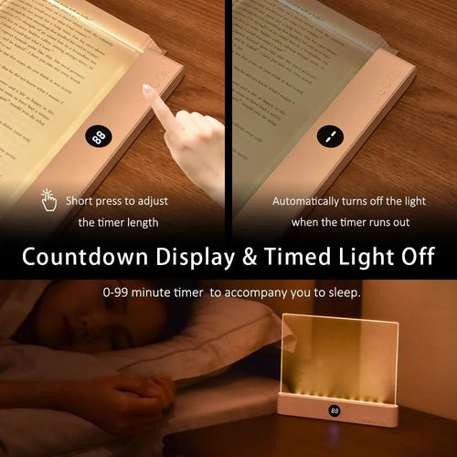 Flat Book Light - Rechargeable LED Reading Flat Clip on Night Light with 3 Colors & Timer, Portable Dimmable Full Page Panel Light for Reading in Bed at Night