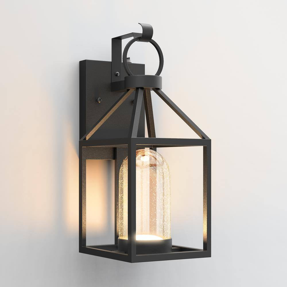 Hawaii Black Modern Dusk to Dawn Outdoor Integrated LED Hardwired Lantern Sconce with Clear Shade