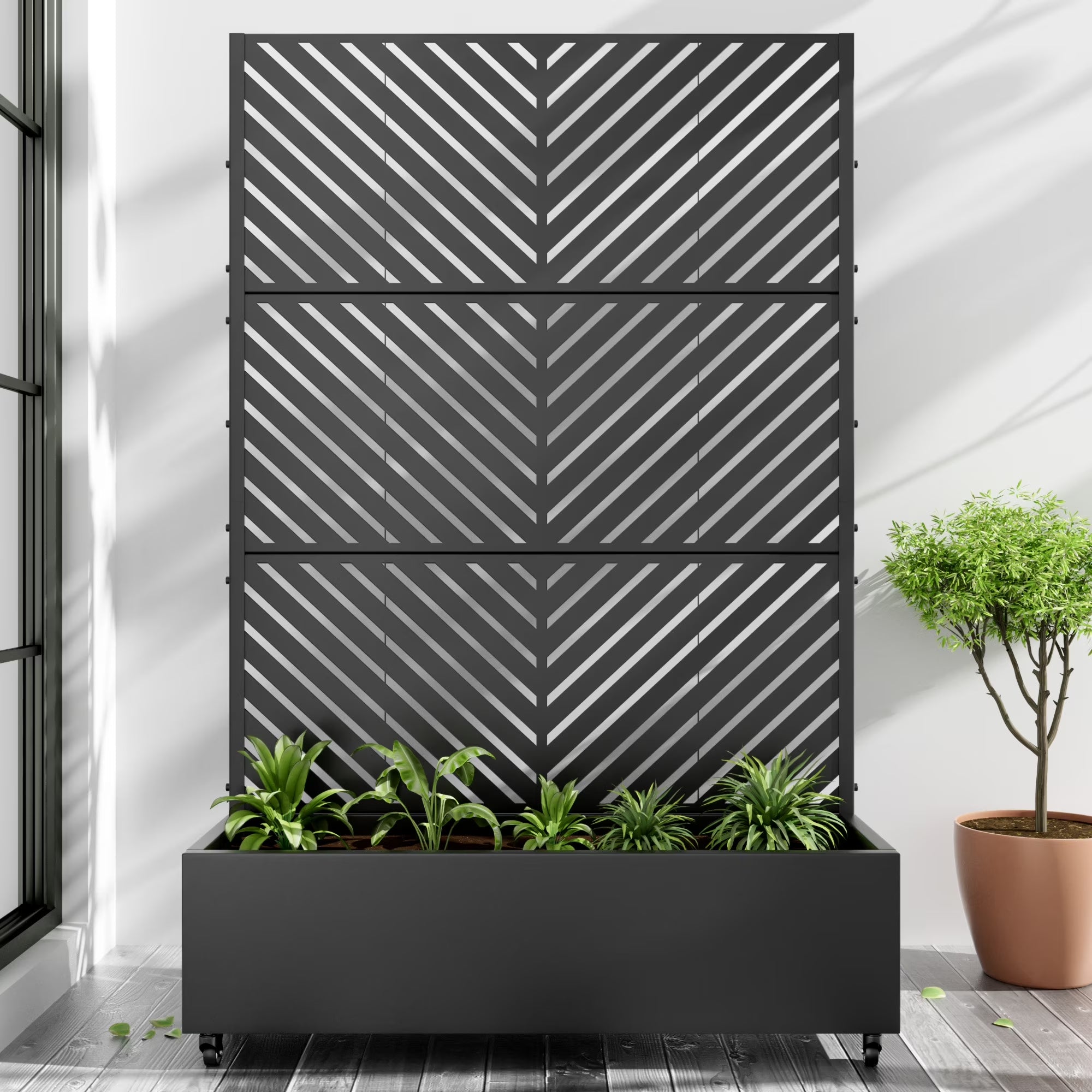 72"X47" Metal Rectangle Flower Pots and Planter Raised Box with Trellis for Vine Climbing Plants, Black