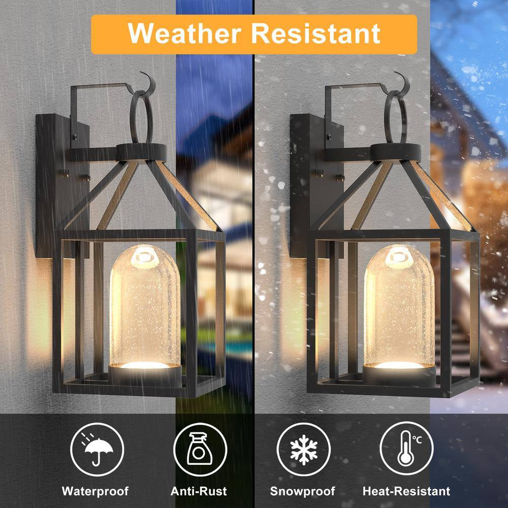 Hawaii Black Modern Dusk to Dawn Outdoor Integrated LED Hardwired Lantern Sconce with Clear Shade