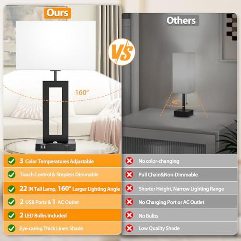 3 Color Temperatures Table Lamps for Bedrooms Set of 2, 22’’ Touch Large Black