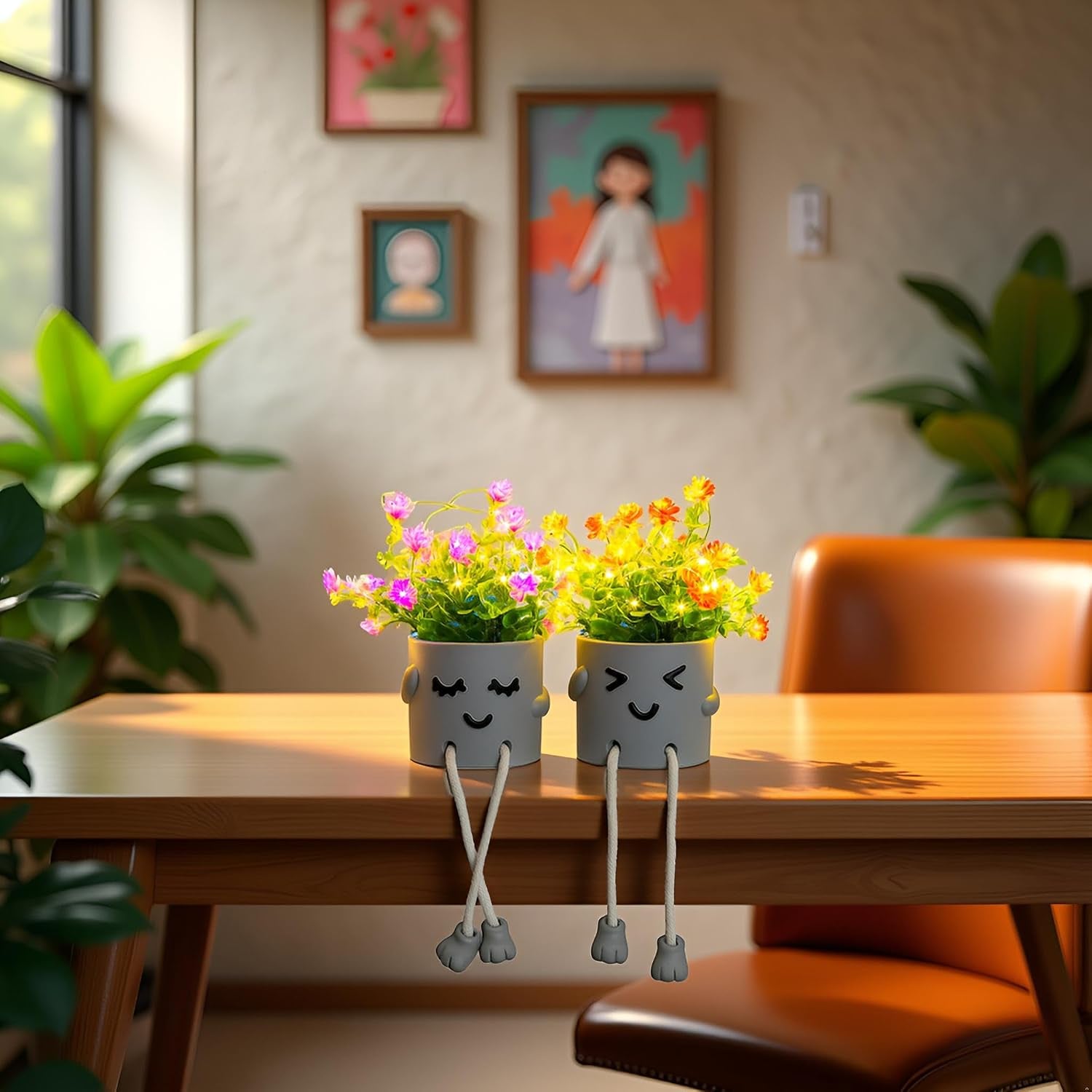 Cute Fake Plants, Flower Pots with String Lights, Fake Plants Artificial for Desk Décor, Office Decor for Women, Shelf Decor for Gift, Bathroom Small Plants Decoration, Mini Plants Window Sill Decor