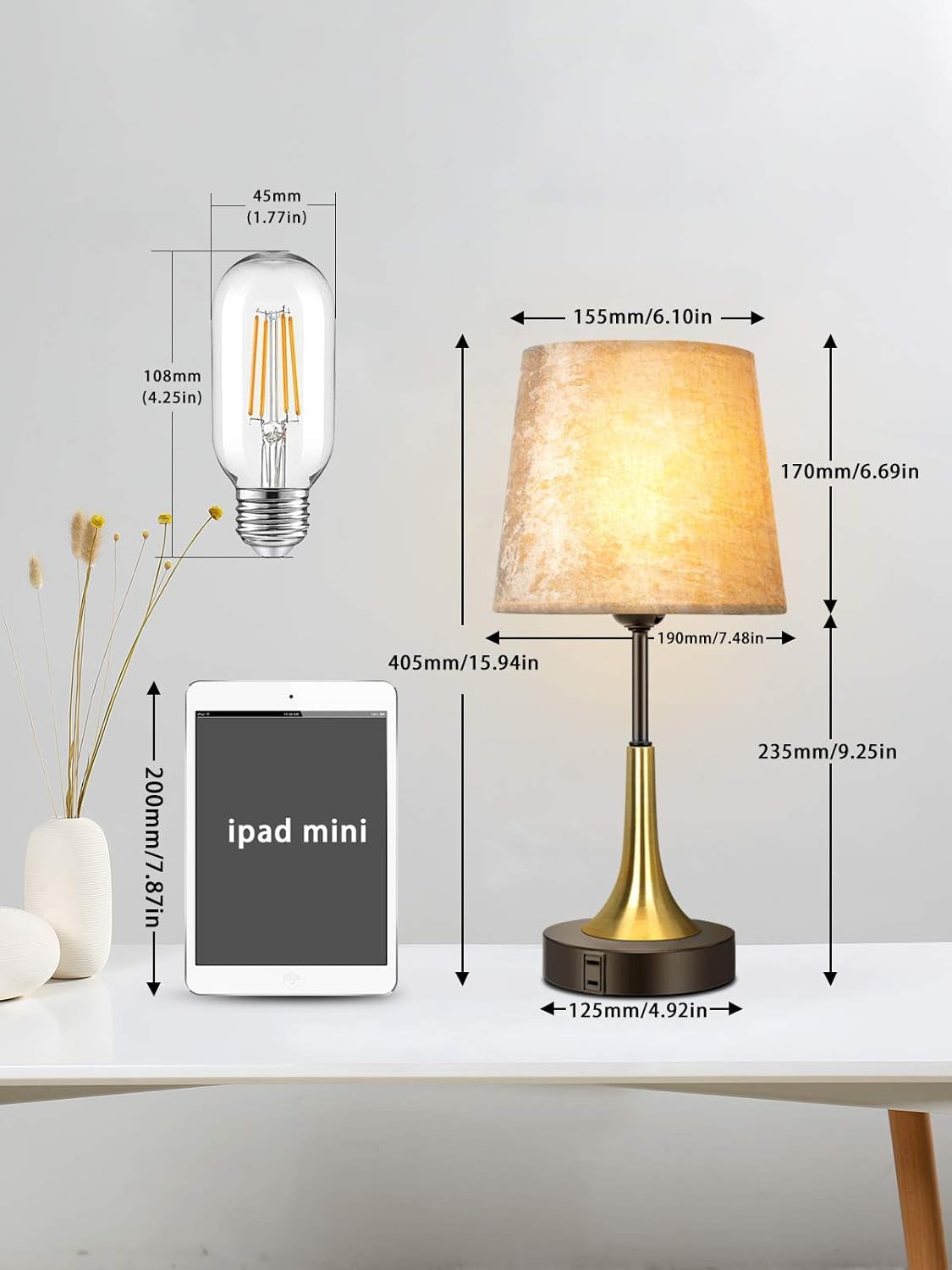 Bedside Lamp with USB Port Table Lamps Touch Control Velvet Shade Nightstand Lamps for Bedrooms, Table Lamp for Bedroom Living Room Office (Gold-01)