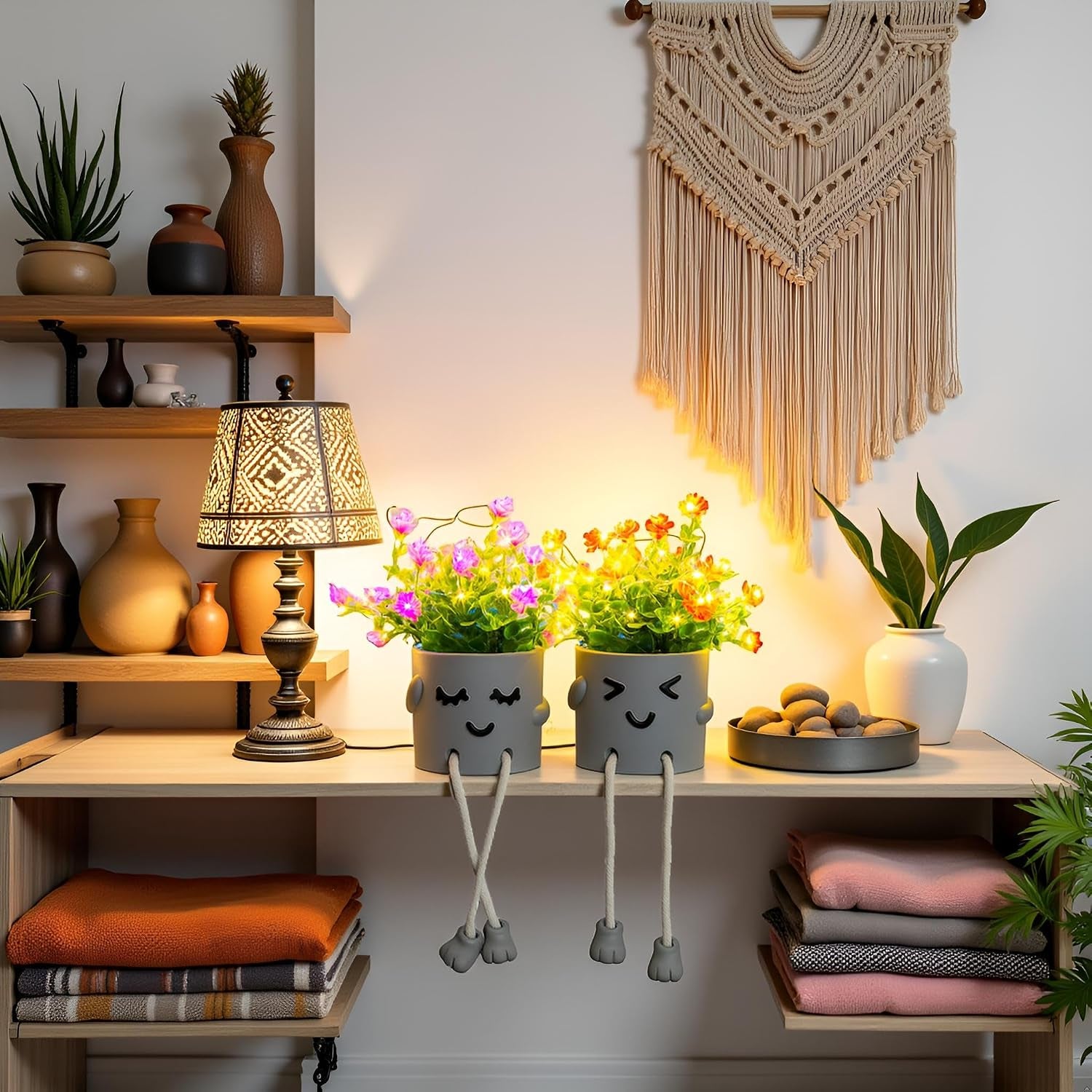 Cute Fake Plants, Flower Pots with String Lights, Fake Plants Artificial for Desk Décor, Office Decor for Women, Shelf Decor for Gift, Bathroom Small Plants Decoration, Mini Plants Window Sill Decor