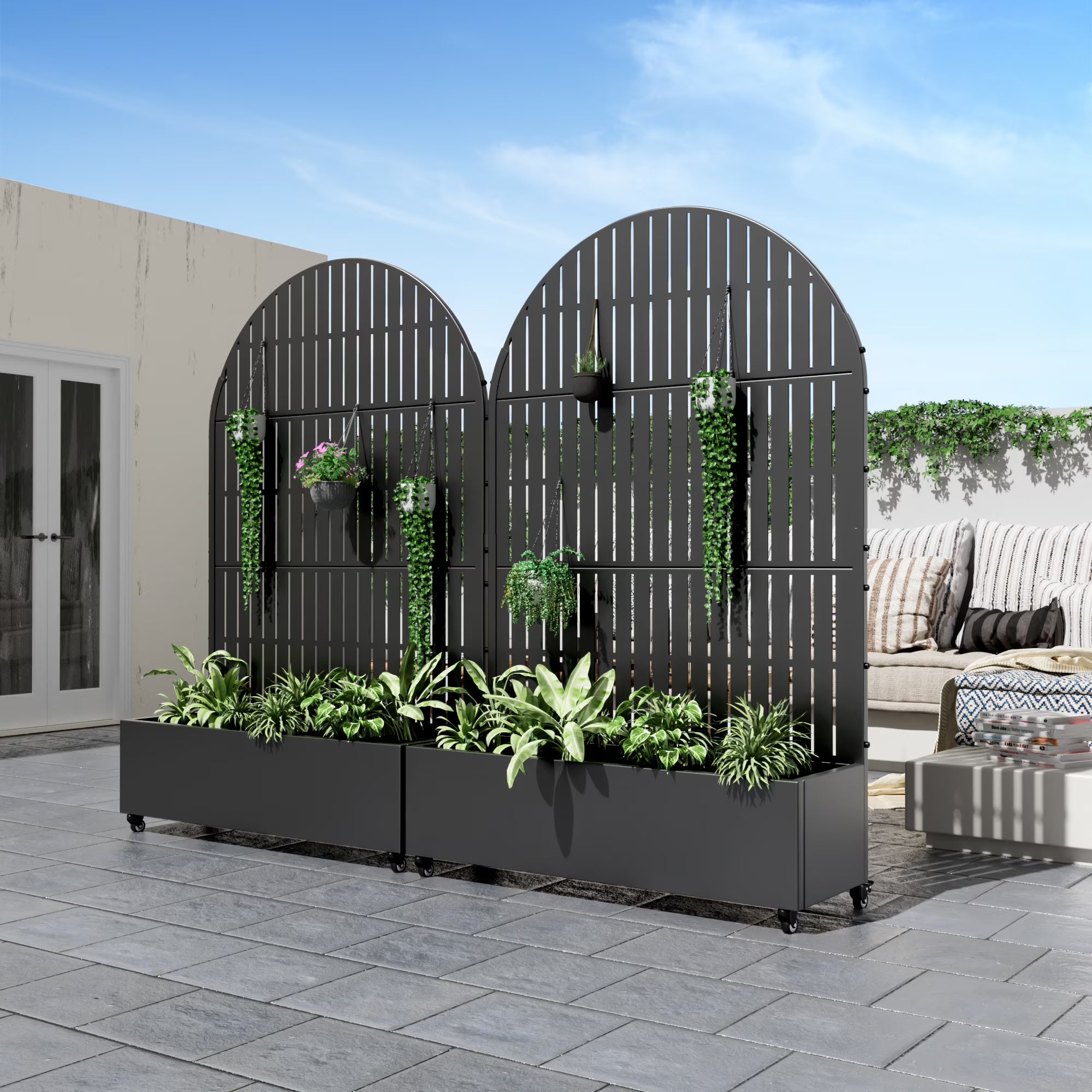 72"X47" Metal Flower Pots Arch Planter Box Elevated Garden Bed with Trellis for Vine Climbing Plants, Black