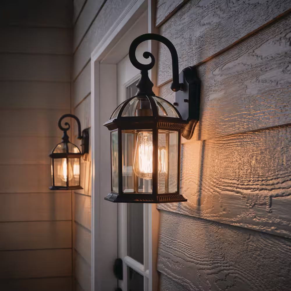 Wickford 15.4 In. 1-Light Weathered Bronze Hardwired Outdoor Wall Light Lantern Porch Sconce with Clear Glass (2-Pack)
