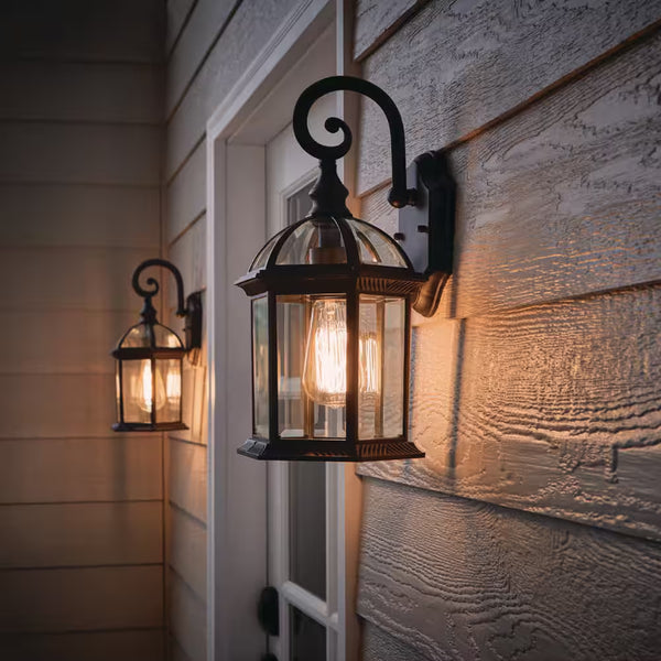 Wickford 15.4 In. 1-Light Weathered Bronze Hardwired Outdoor Wall Light Lantern Porch Sconce with Clear Glass (2-Pack)