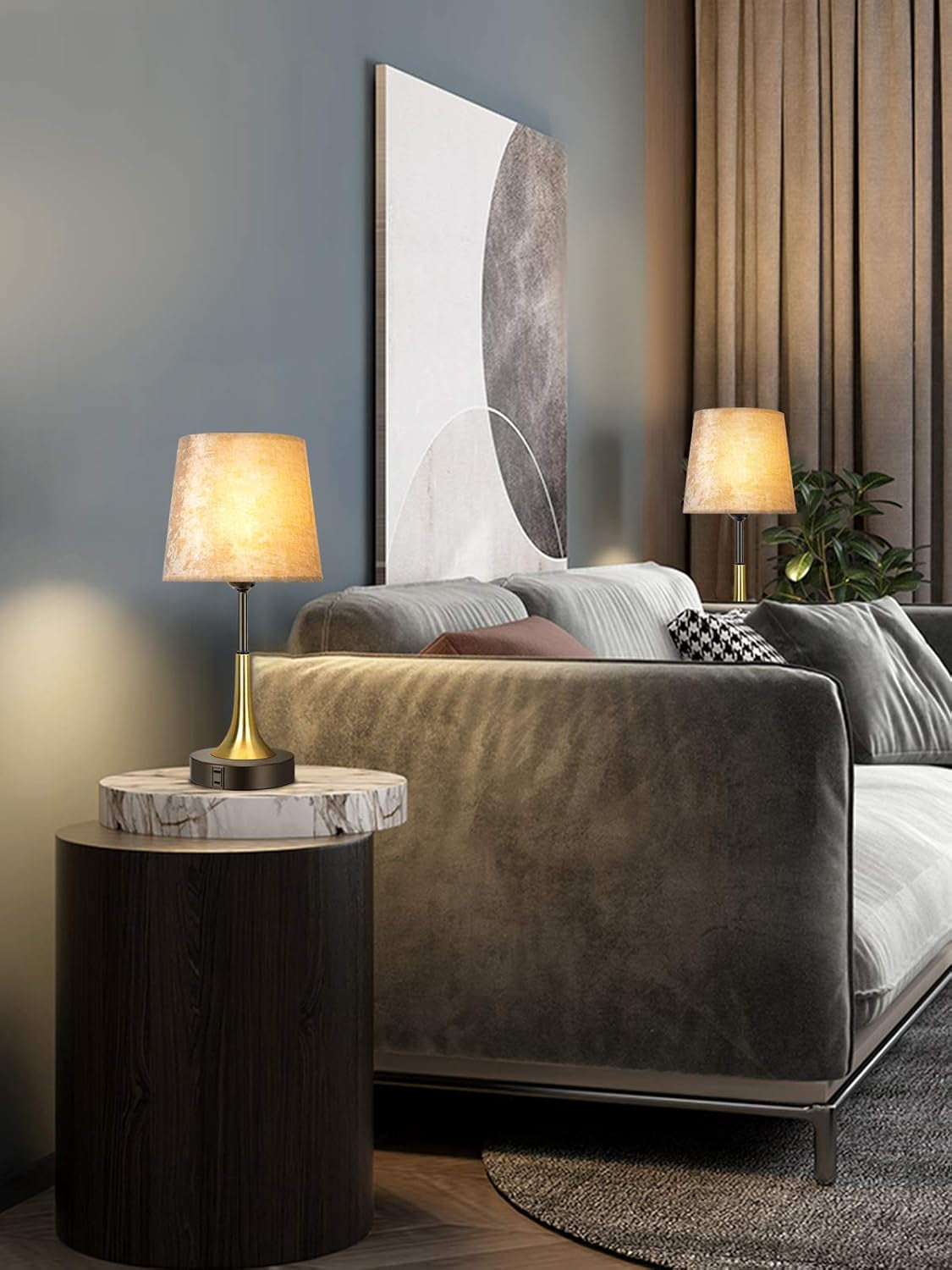 Bedside Lamp with USB Port Table Lamps Touch Control Velvet Shade Nightstand Lamps for Bedrooms, Table Lamp for Bedroom Living Room Office (Gold-01)