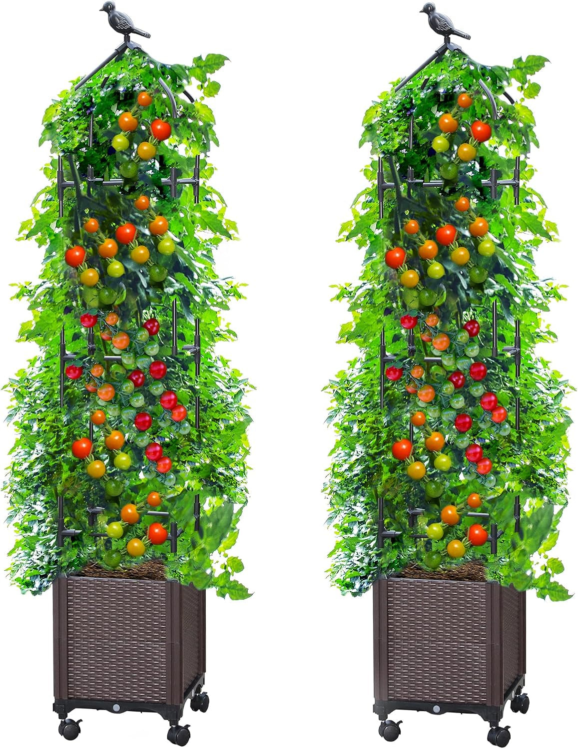 2 PCS Raised Garden Bed Planter Box with Trellis, 63" Tall Outdoor Tomato Planters for Climbing Vegetables Flowers Vine Plants, Tomato Cage with Wheels (2)