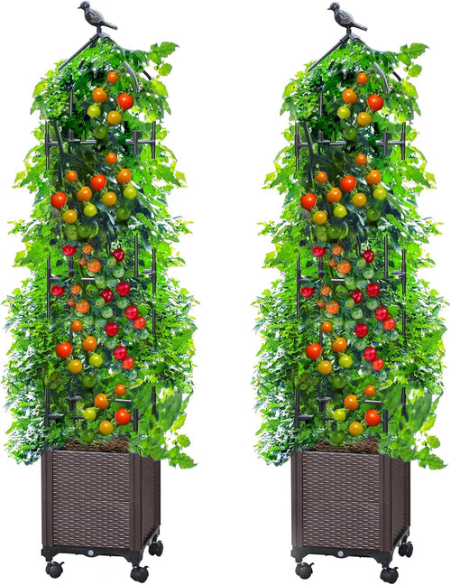 2 PCS Raised Garden Bed Planter Box with Trellis, 63" Tall Outdoor Tomato Planters for Climbing Vegetables Flowers Vine Plants, Tomato Cage with Wheels (2)