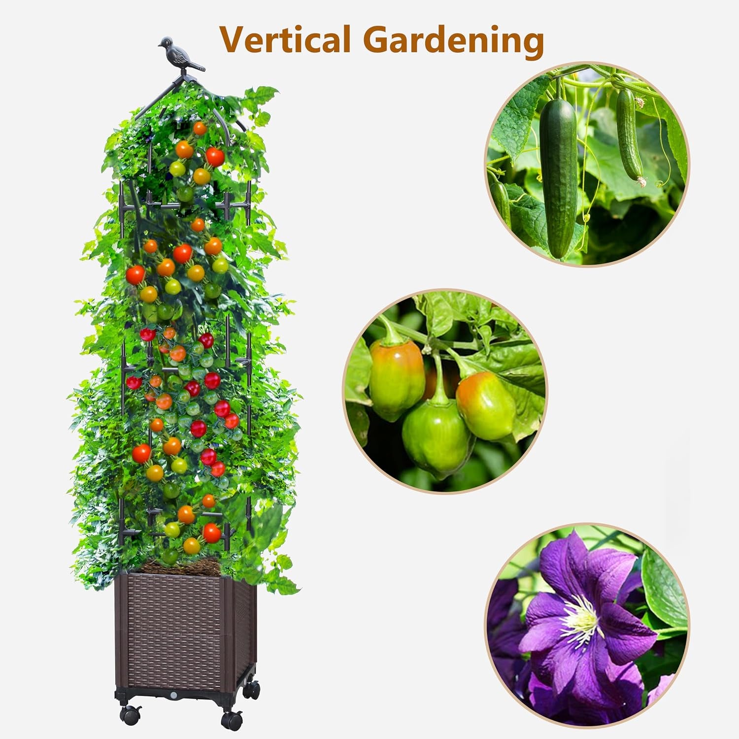 2 PCS Raised Garden Bed Planter Box with Trellis, 63" Tall Outdoor Tomato Planters for Climbing Vegetables Flowers Vine Plants, Tomato Cage with Wheels (2)