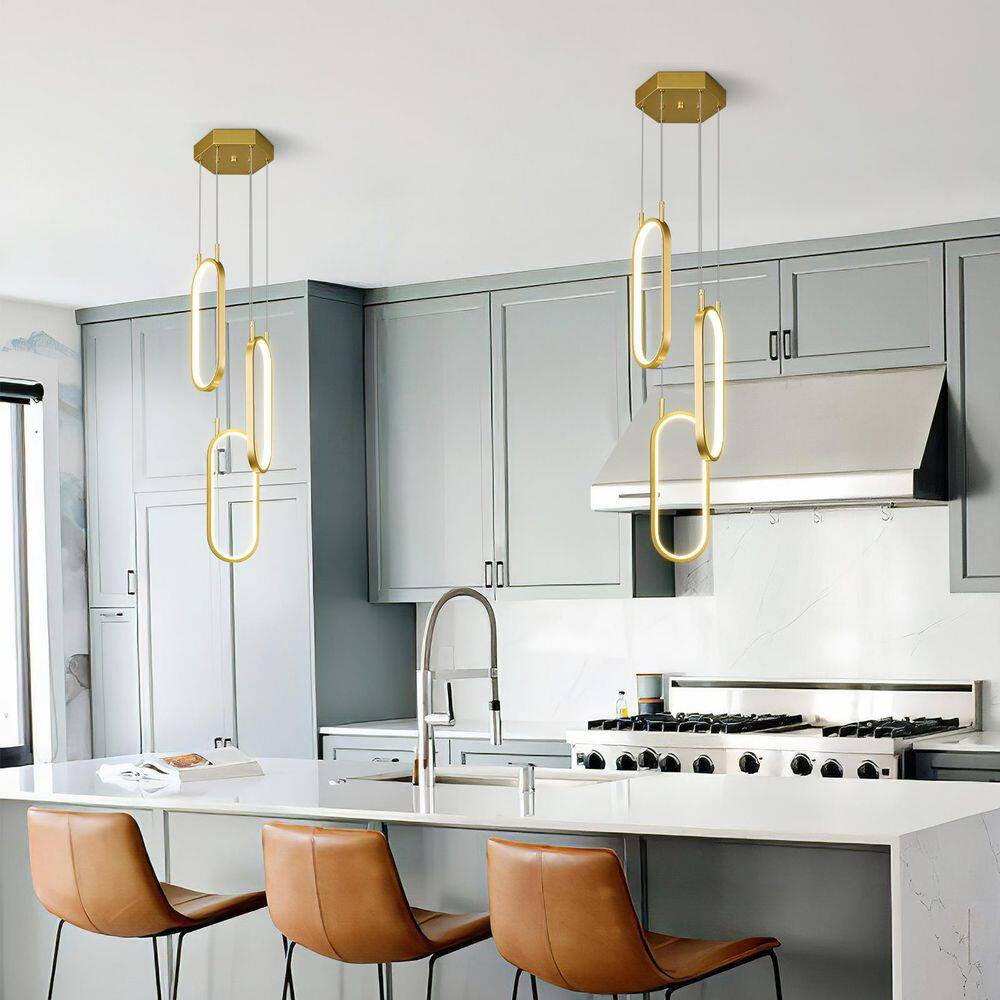 Home Lighting 3-Light 3C-Gold Dimmable LED Pendant Light Ring Oval Chandelier for Living Room