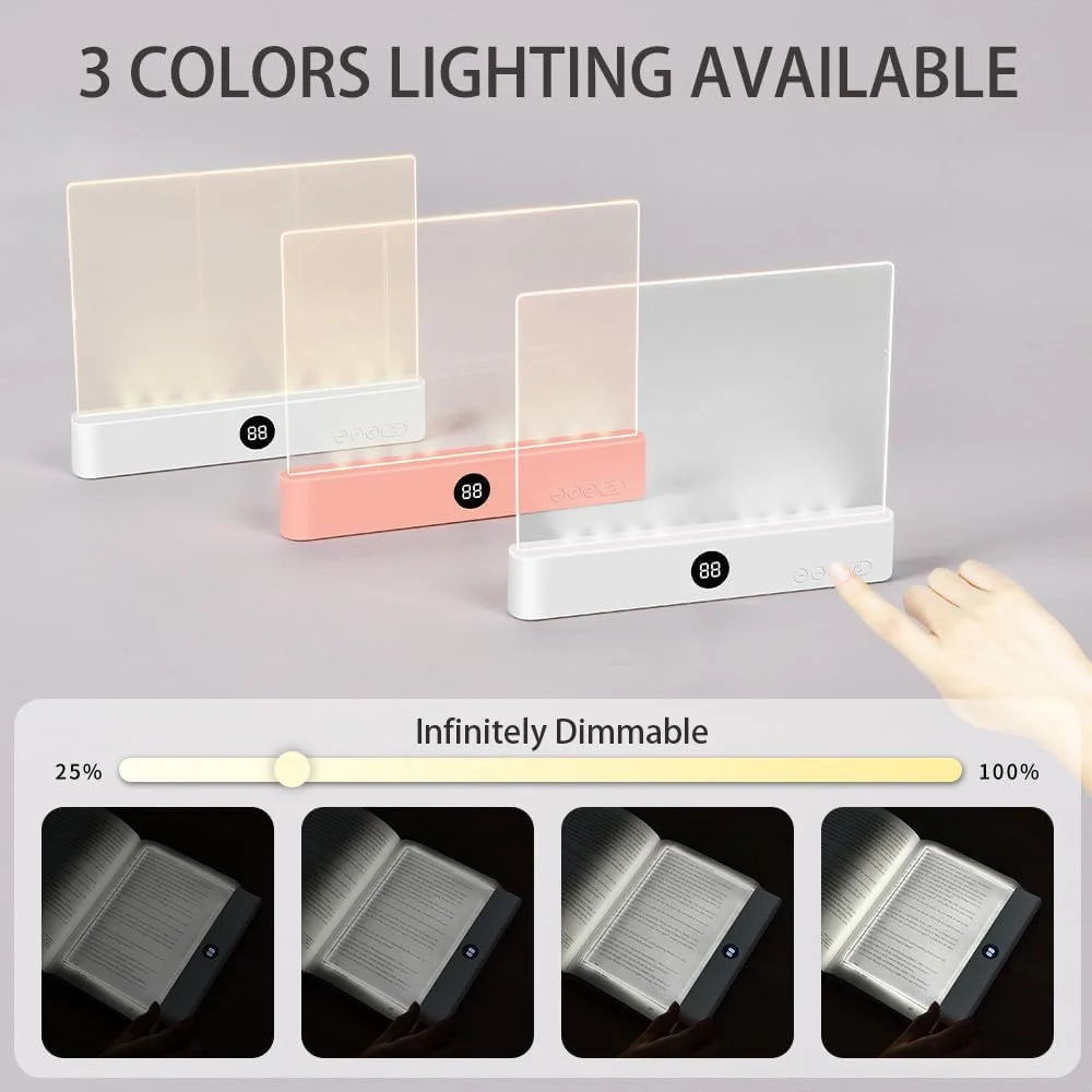 Flat Book Light - Rechargeable LED Reading Flat Clip on Night Light with 3 Colors & Timer, Portable Dimmable Full Page Panel Light for Reading in Bed at Night